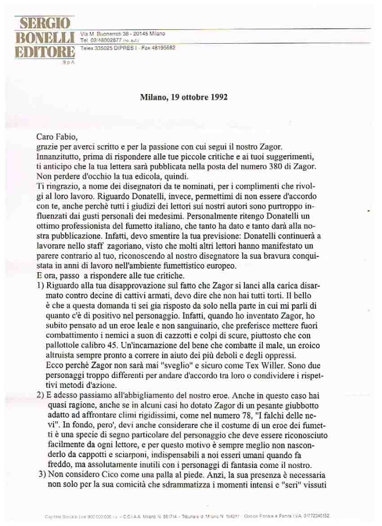 LETTERA DELL'EDITORE SERGIO BONELLI parte 1