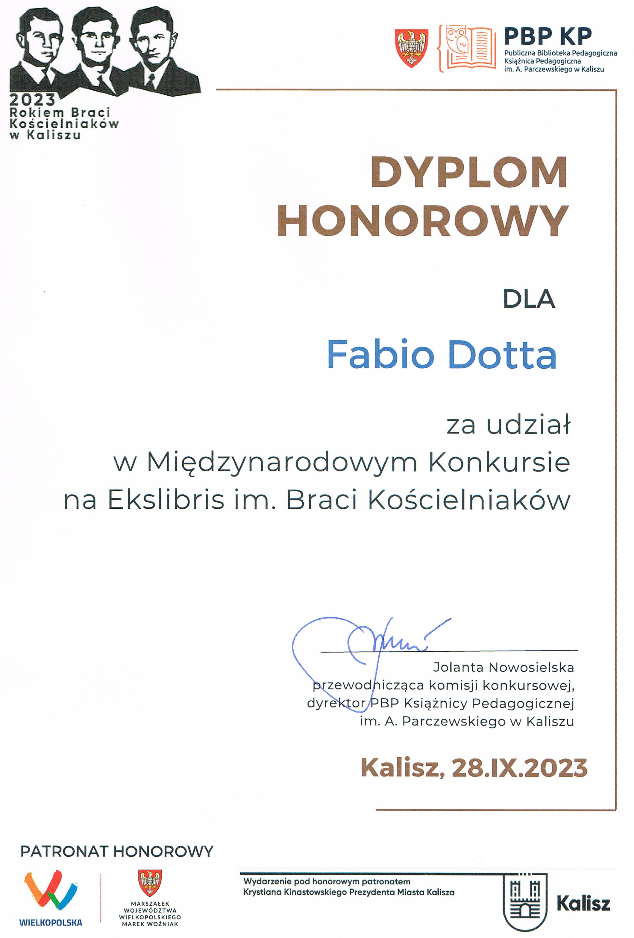 2023_Diploma di onore KALISZ Polonia 28_09_2023 Fabio Dotta_ALL
